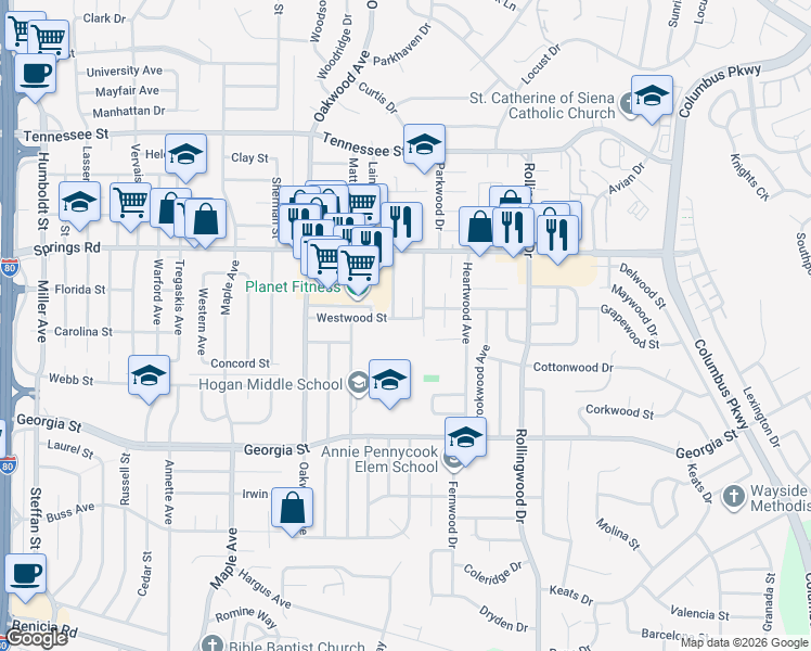 map of restaurants, bars, coffee shops, grocery stores, and more near 263 Westwood Street in Vallejo