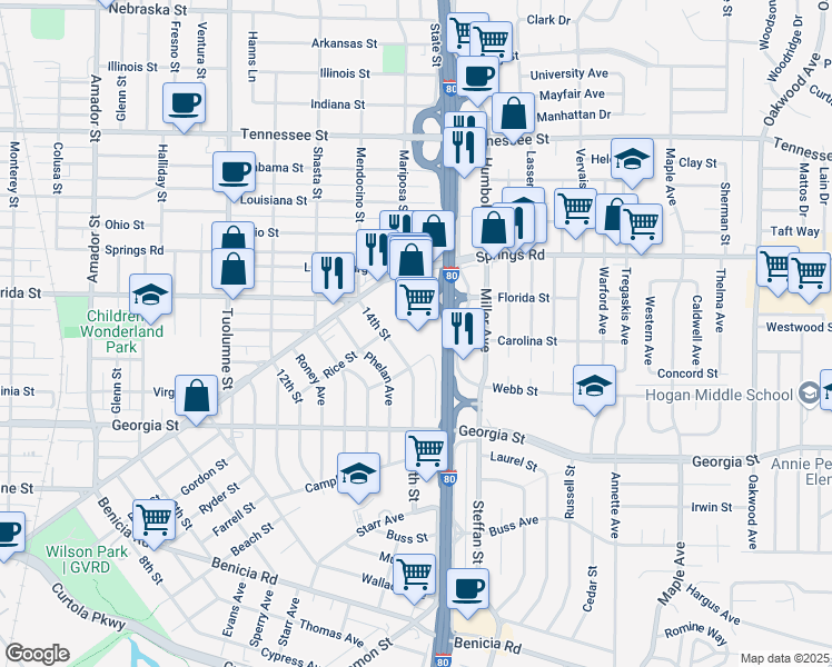 map of restaurants, bars, coffee shops, grocery stores, and more near 101 Madigan Street in Vallejo
