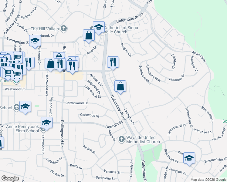 map of restaurants, bars, coffee shops, grocery stores, and more near 441 Lexington Drive in Vallejo