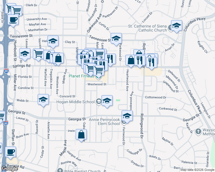 map of restaurants, bars, coffee shops, grocery stores, and more near 263 Westwood Street in Vallejo