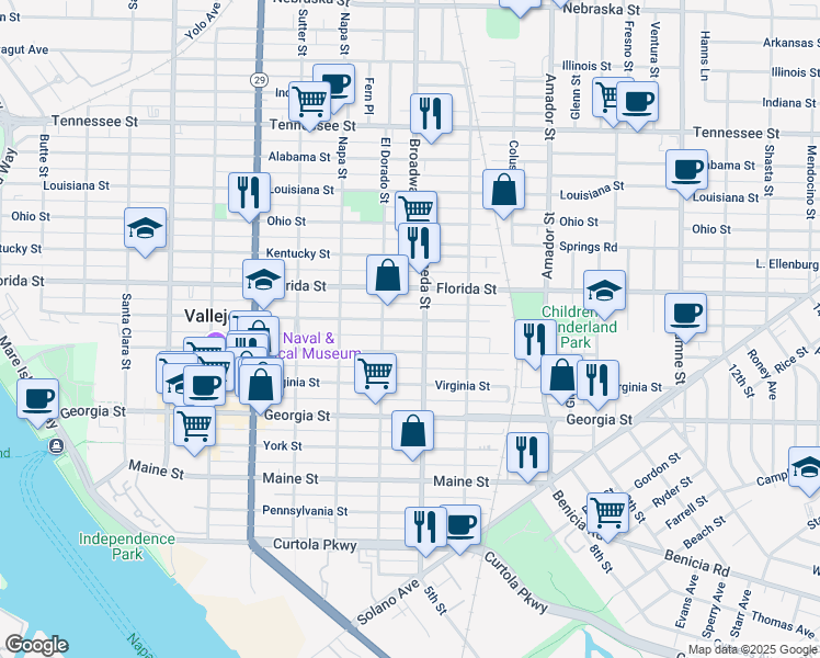 map of restaurants, bars, coffee shops, grocery stores, and more near 943 Capitol Street in Vallejo