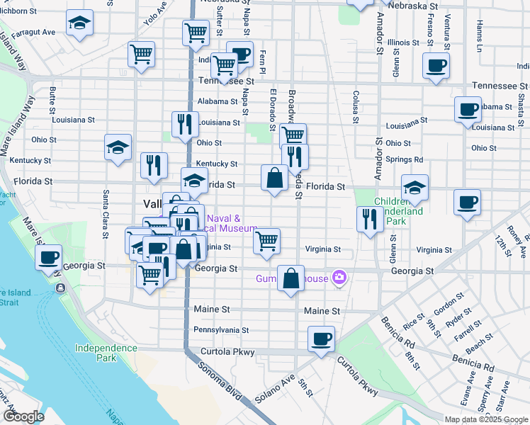 map of restaurants, bars, coffee shops, grocery stores, and more near 845 Capitol Street in Vallejo