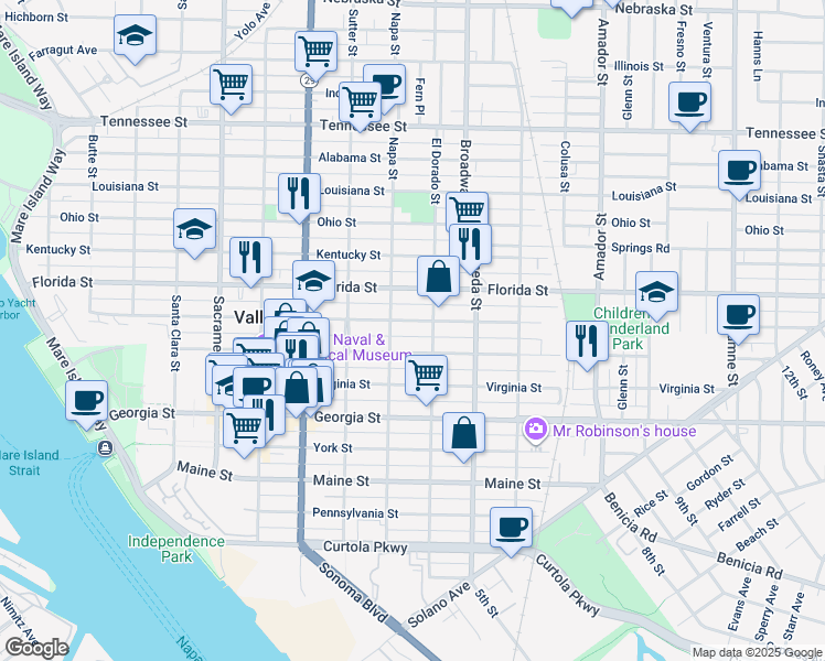 map of restaurants, bars, coffee shops, grocery stores, and more near 845 Capitol Street in Vallejo