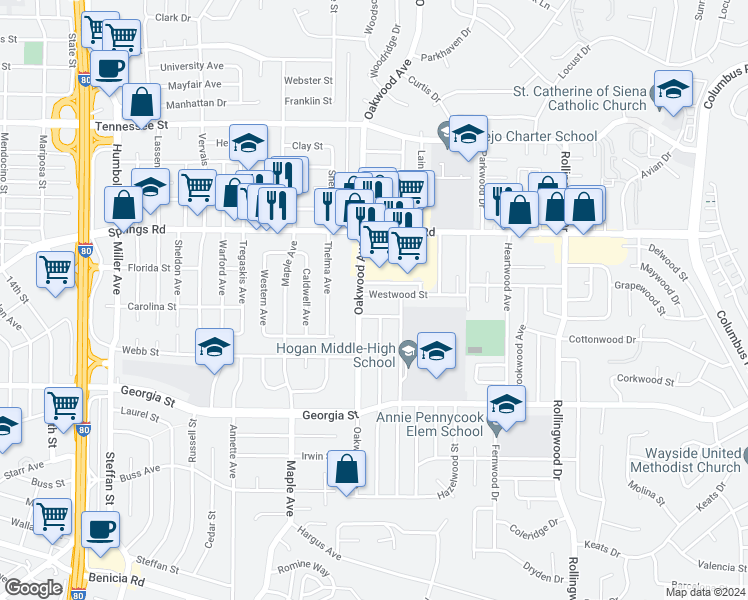map of restaurants, bars, coffee shops, grocery stores, and more near 115 Westwood Street in Vallejo
