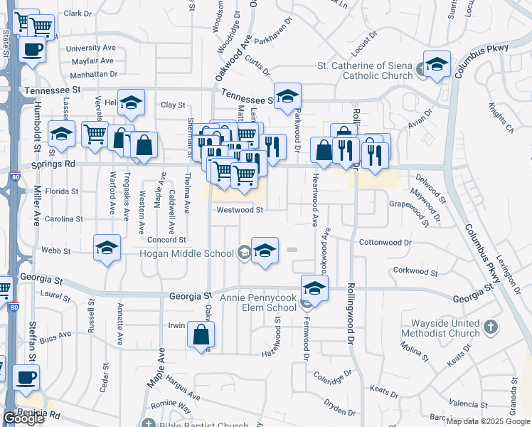 map of restaurants, bars, coffee shops, grocery stores, and more near 245 Westwood Street in Vallejo