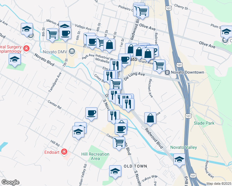 map of restaurants, bars, coffee shops, grocery stores, and more near 920 Diablo Avenue in Novato