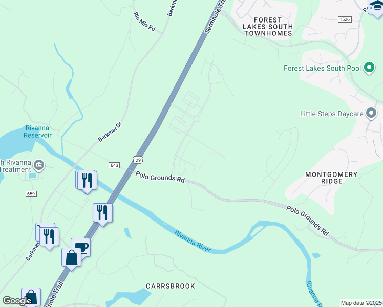 map of restaurants, bars, coffee shops, grocery stores, and more near 2571 Seminole Trail in Charlottesville