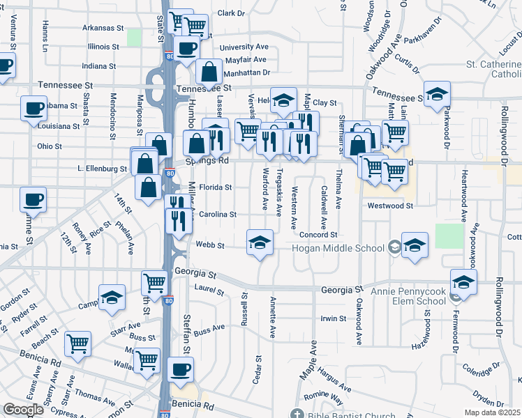 map of restaurants, bars, coffee shops, grocery stores, and more near 416 Vervais Avenue in Vallejo