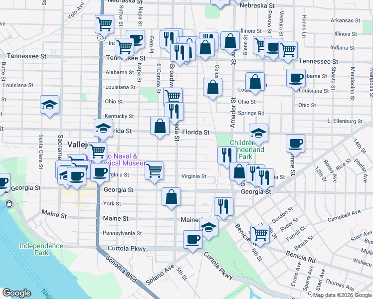 map of restaurants, bars, coffee shops, grocery stores, and more near 1019 Carolina Street in Vallejo