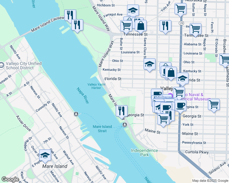 map of restaurants, bars, coffee shops, grocery stores, and more near 400 Mare Island Way in Vallejo