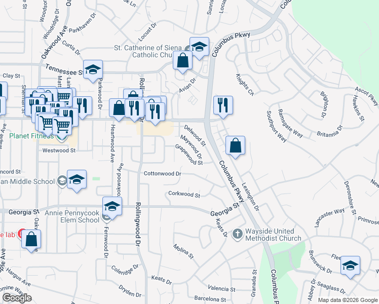 map of restaurants, bars, coffee shops, grocery stores, and more near 160 Maywood Drive in Vallejo