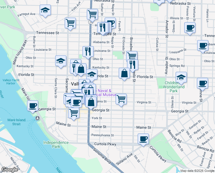 map of restaurants, bars, coffee shops, grocery stores, and more near 1012 Napa Street in Vallejo