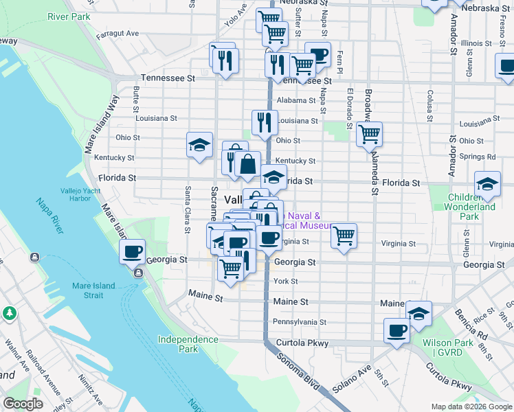 map of restaurants, bars, coffee shops, grocery stores, and more near in Vallejo