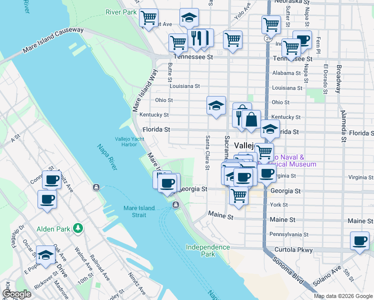 map of restaurants, bars, coffee shops, grocery stores, and more near 140 Carolina Street in Vallejo