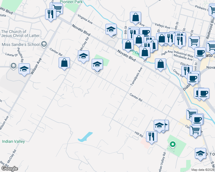 map of restaurants, bars, coffee shops, grocery stores, and more near 10 Crescent Lane in Novato
