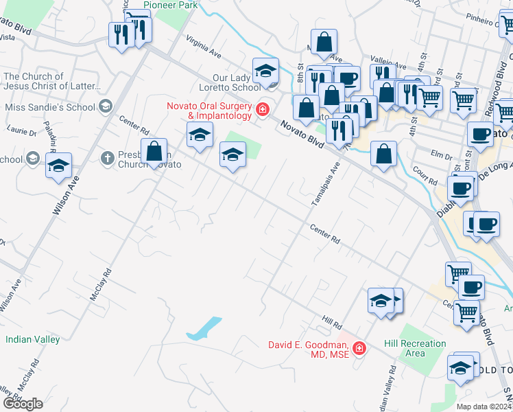 map of restaurants, bars, coffee shops, grocery stores, and more near 791 Storybook Court in Novato