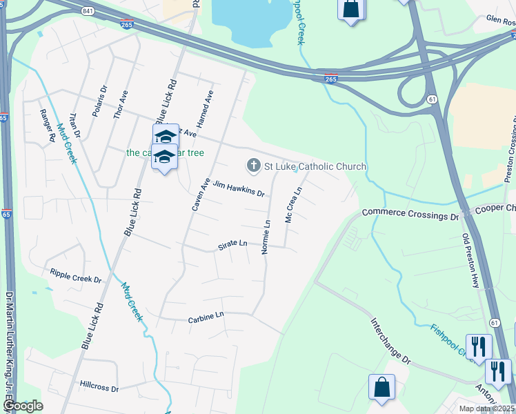 map of restaurants, bars, coffee shops, grocery stores, and more near 4206 Jim Hawkins Drive in Louisville