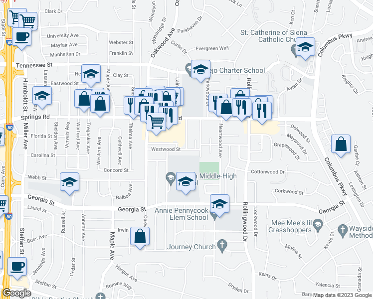 map of restaurants, bars, coffee shops, grocery stores, and more near 247 Westwood Street in Vallejo