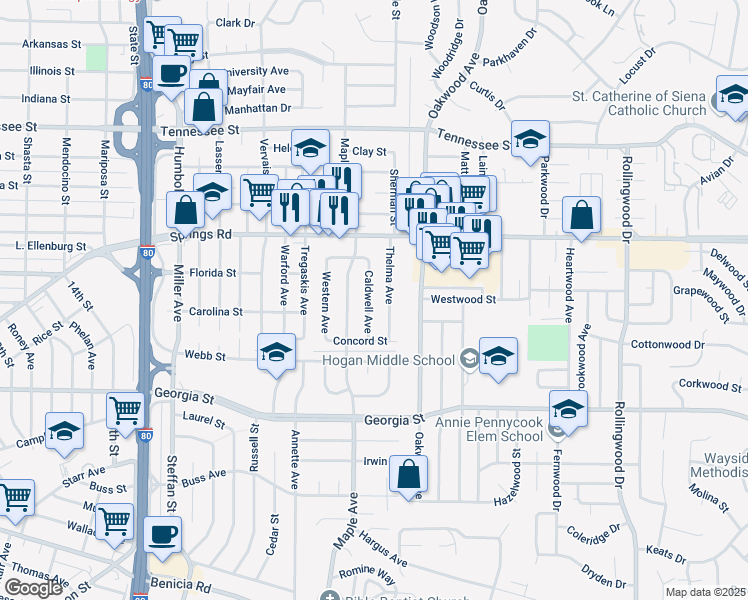map of restaurants, bars, coffee shops, grocery stores, and more near 1050 Caldwell Avenue in Vallejo