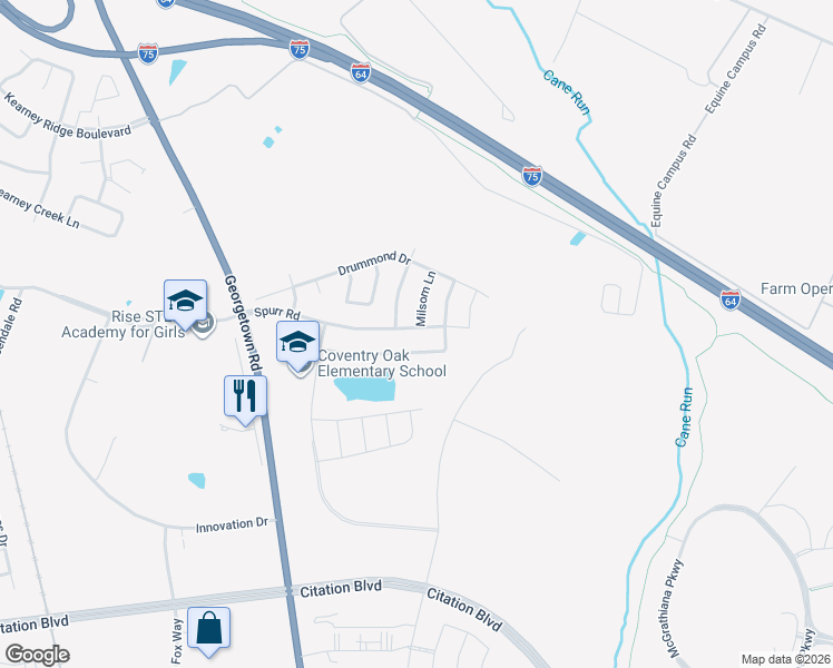 map of restaurants, bars, coffee shops, grocery stores, and more near 2509 Milsom Lane in Lexington