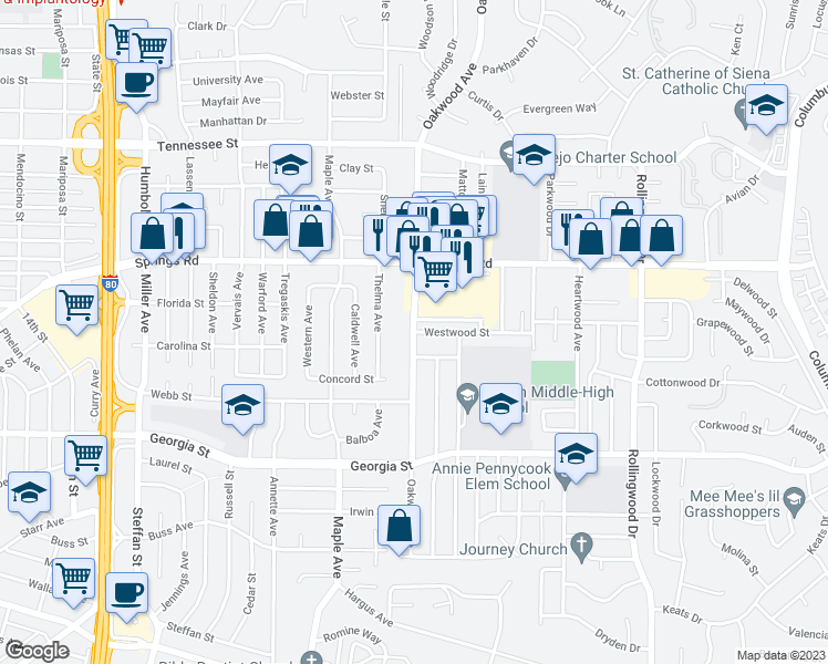 map of restaurants, bars, coffee shops, grocery stores, and more near Oakwood Ave & Westwood St in Vallejo