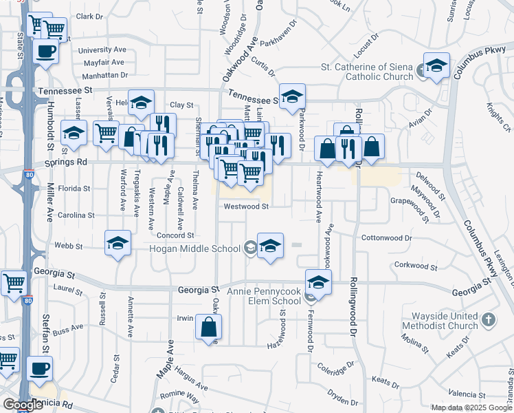 map of restaurants, bars, coffee shops, grocery stores, and more near 78 Springs Road in Vallejo
