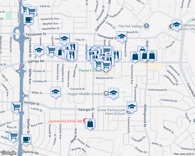 map of restaurants, bars, coffee shops, grocery stores, and more near 2110 Springs Road in Vallejo