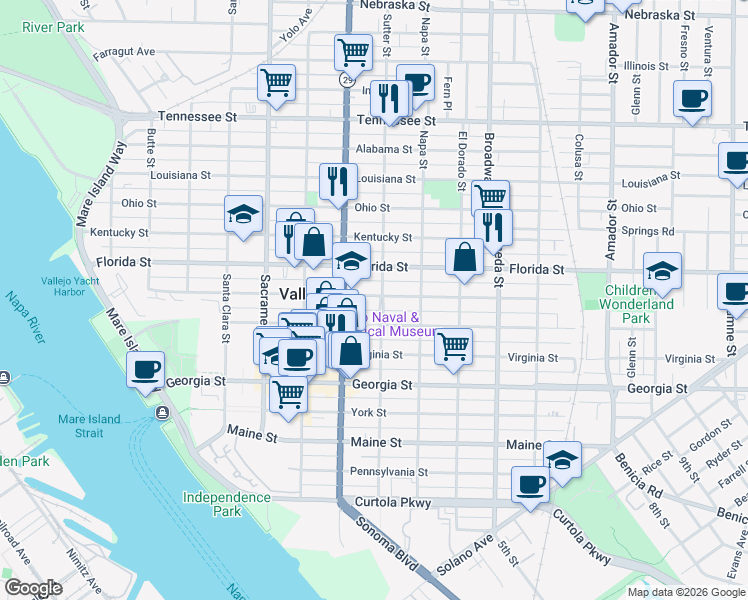 map of restaurants, bars, coffee shops, grocery stores, and more near 1114 Sutter Street in Vallejo