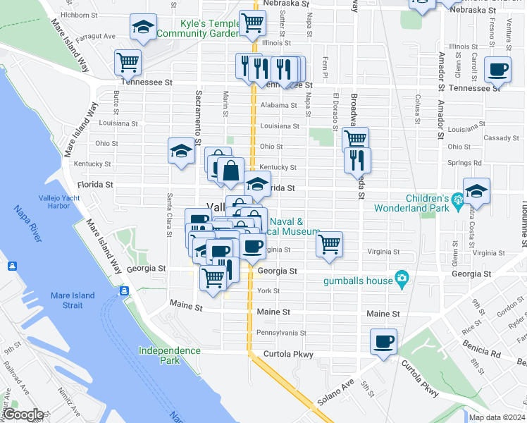 map of restaurants, bars, coffee shops, grocery stores, and more near in Vallejo