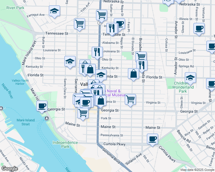 map of restaurants, bars, coffee shops, grocery stores, and more near 1114 Sutter Street in Vallejo