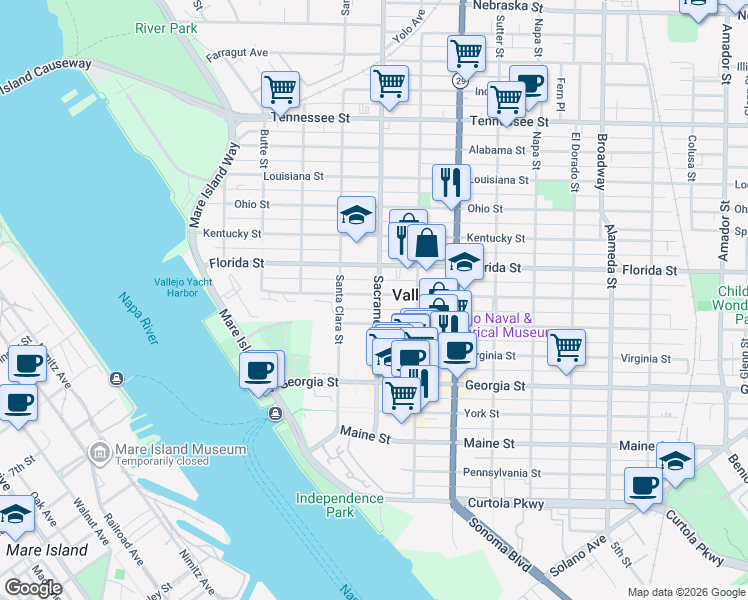 map of restaurants, bars, coffee shops, grocery stores, and more near 343 Carolina Street in Vallejo