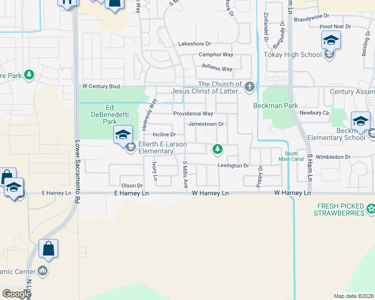 map of restaurants, bars, coffee shops, grocery stores, and more near 2339 South Mills Avenue in Lodi