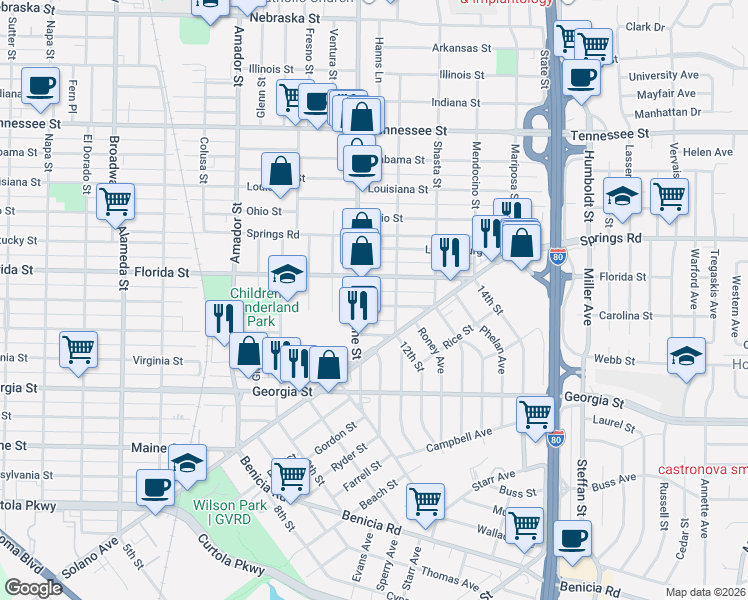 map of restaurants, bars, coffee shops, grocery stores, and more near 522 Tuolumne Street in Vallejo