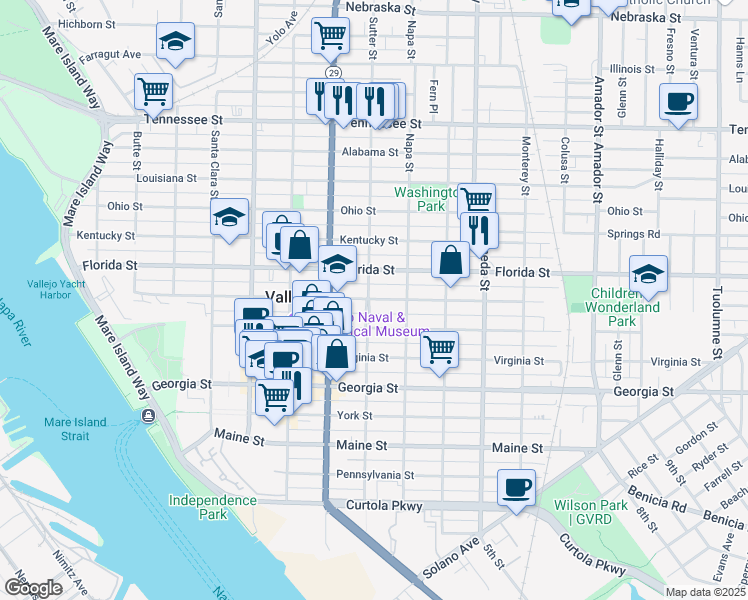 map of restaurants, bars, coffee shops, grocery stores, and more near 1114 Sutter Street in Vallejo
