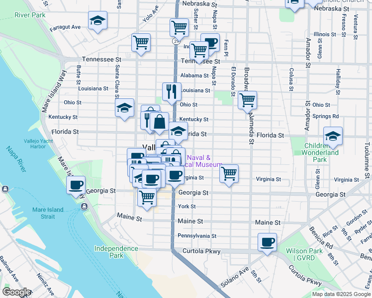 map of restaurants, bars, coffee shops, grocery stores, and more near in Vallejo
