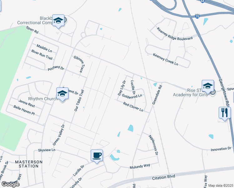 map of restaurants, bars, coffee shops, grocery stores, and more near 1433 Day Lily Drive in Lexington
