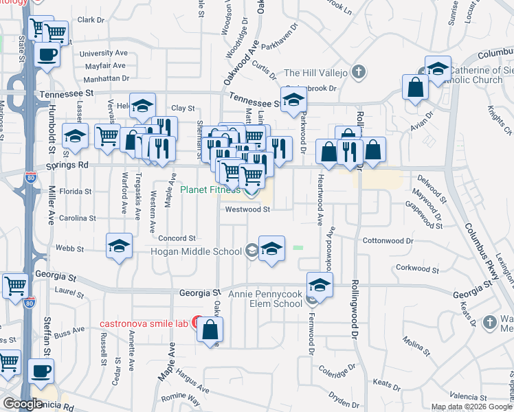 map of restaurants, bars, coffee shops, grocery stores, and more near 224 Westwood Street in Vallejo