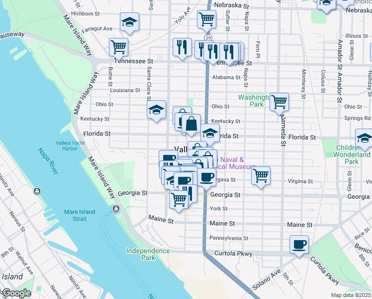 map of restaurants, bars, coffee shops, grocery stores, and more near in Vallejo