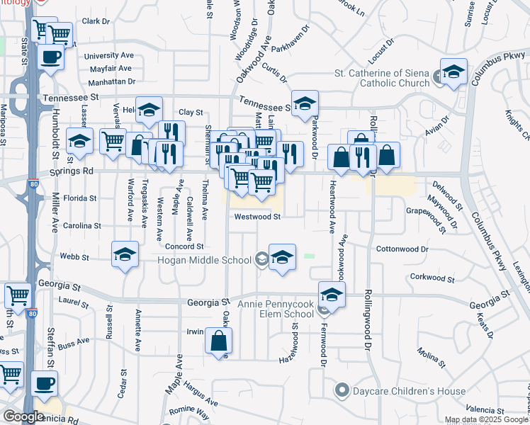 map of restaurants, bars, coffee shops, grocery stores, and more near 78 Springs Road in Vallejo