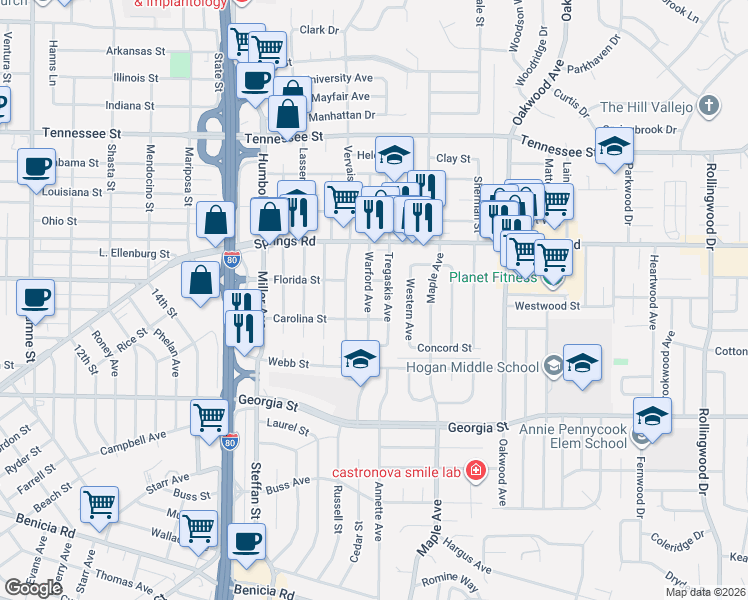 map of restaurants, bars, coffee shops, grocery stores, and more near 541 Tregaskis Avenue in Vallejo