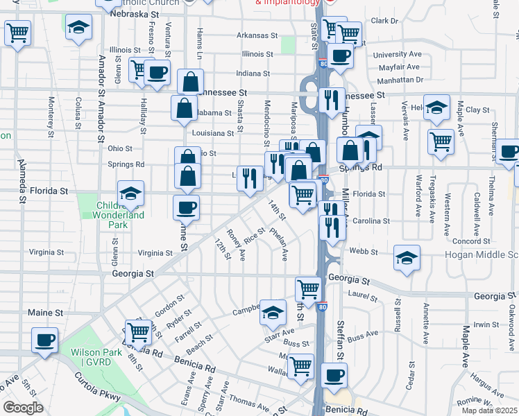 map of restaurants, bars, coffee shops, grocery stores, and more near 2013 Solano Avenue in Vallejo