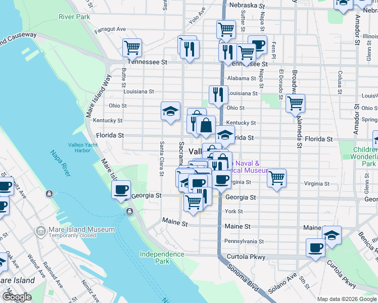 map of restaurants, bars, coffee shops, grocery stores, and more near 420 Carolina Street in Vallejo