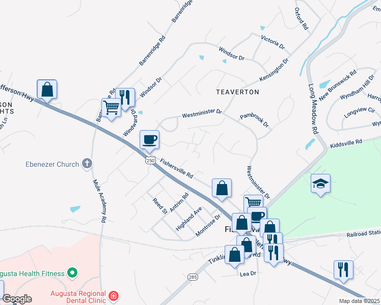 map of restaurants, bars, coffee shops, grocery stores, and more near 21 Westmoreland Lane in Fishersville