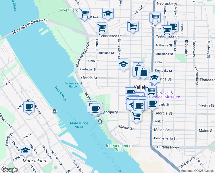 map of restaurants, bars, coffee shops, grocery stores, and more near 140 Carolina Street in Vallejo