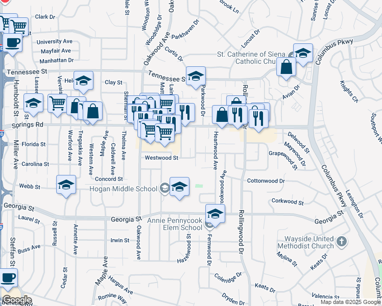 map of restaurants, bars, coffee shops, grocery stores, and more near 17 Rockwood Court in Vallejo