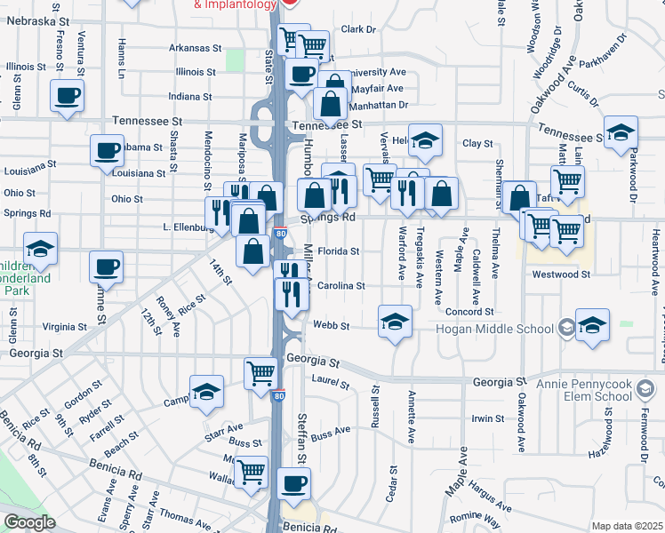 map of restaurants, bars, coffee shops, grocery stores, and more near 527 Grennan Street in Vallejo
