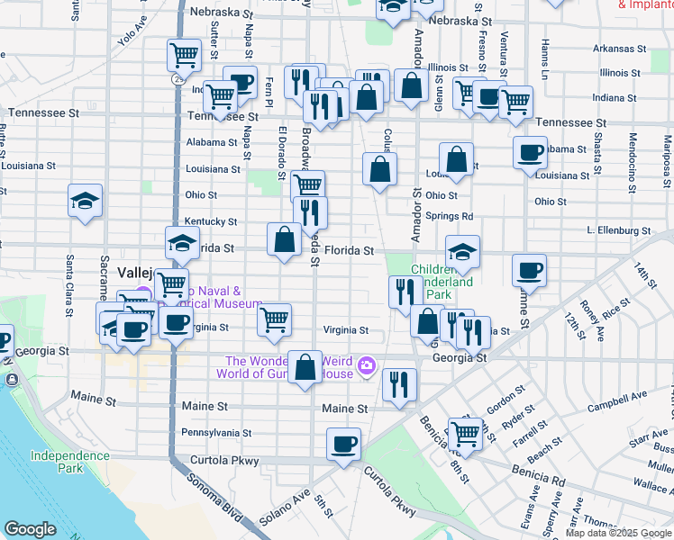 map of restaurants, bars, coffee shops, grocery stores, and more near 1135 Florida Street in Vallejo