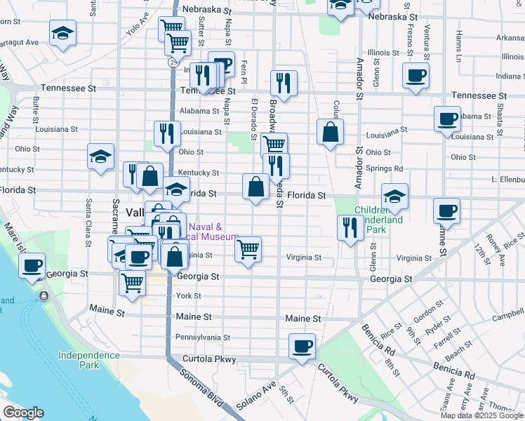 map of restaurants, bars, coffee shops, grocery stores, and more near 919 El Dorado Street in Vallejo