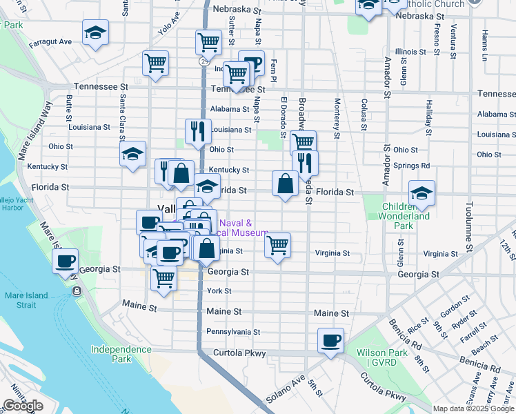 map of restaurants, bars, coffee shops, grocery stores, and more near 1012 Napa Street in Vallejo