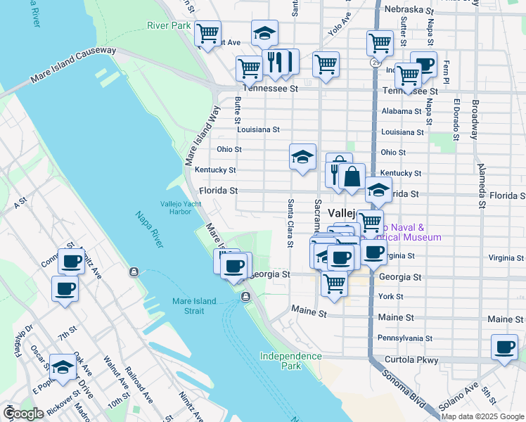 map of restaurants, bars, coffee shops, grocery stores, and more near 140 Carolina Street in Vallejo